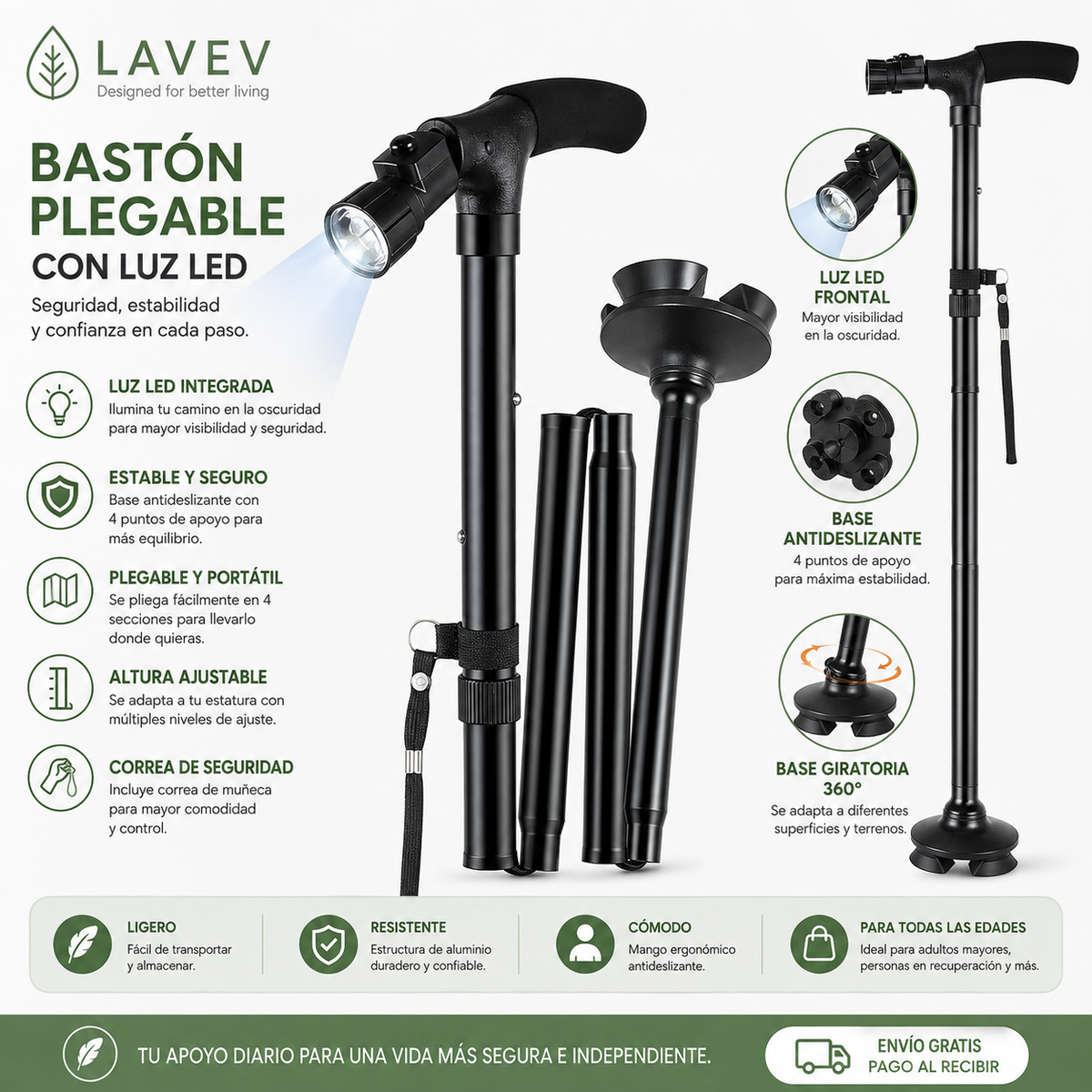 BASTÓN PLEGABLE CON LUZ LED